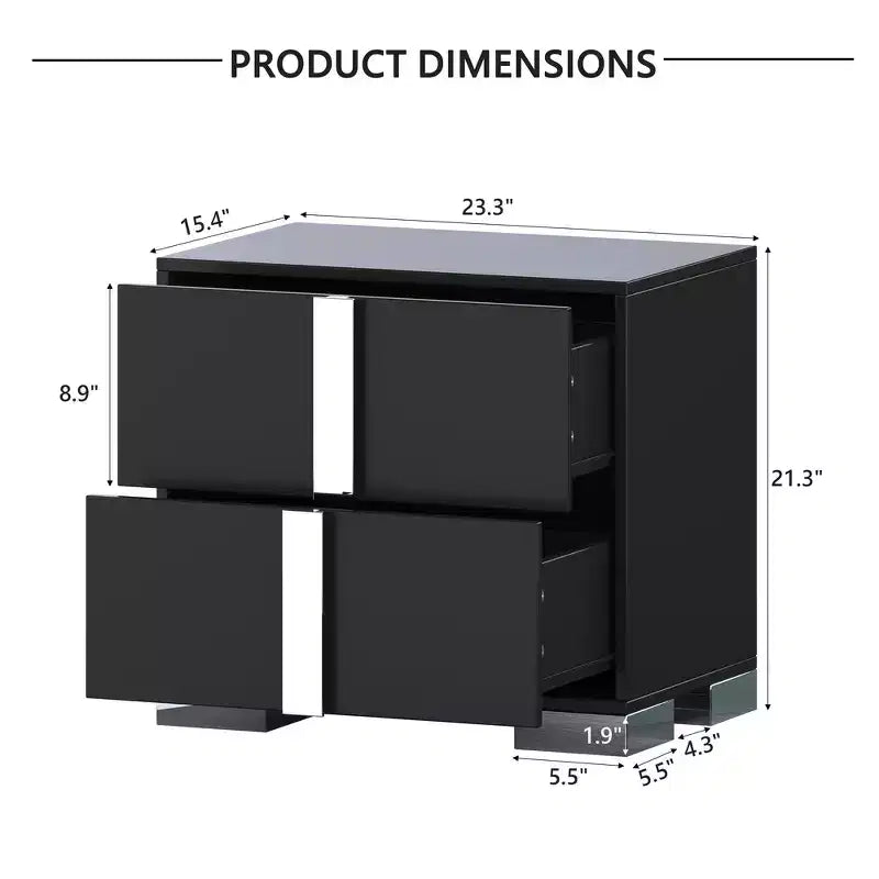 Table de chevet élégante à miroir avec 2 tiroirs et pieds en métal