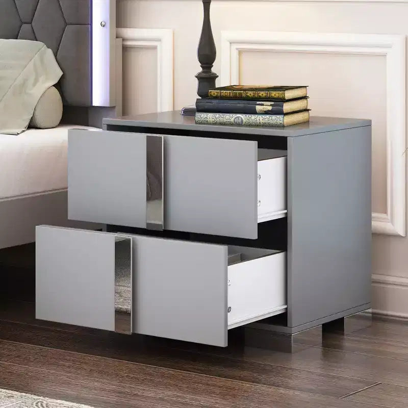 Table de chevet élégante à miroir avec 2 tiroirs et pieds en métal