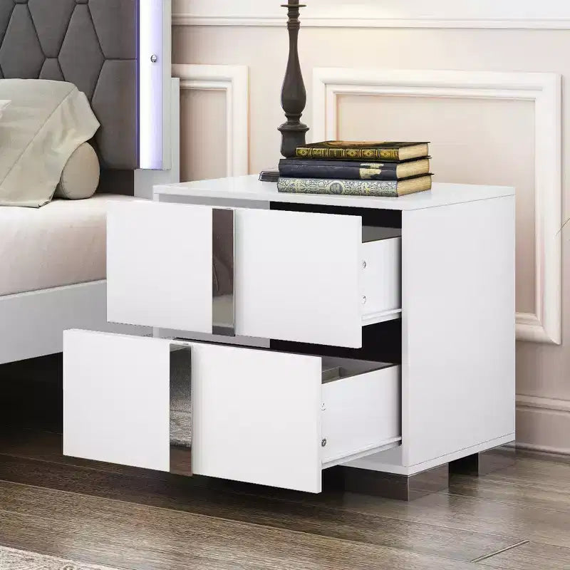 Table de chevet élégante à miroir avec 2 tiroirs et pieds en métal