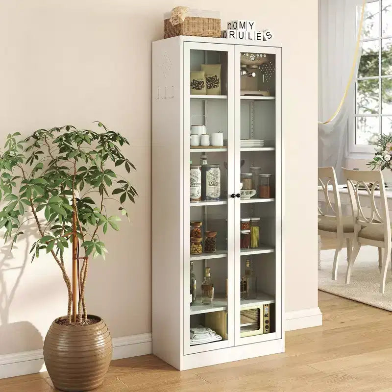 Armoire de cuisine métallique robuste de 183 cm - 5 étagères réglables et portes vitrées, 36 kg/étagère, blanche