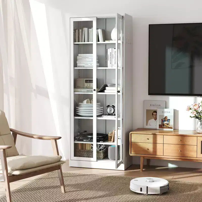 Armoire de cuisine métallique robuste de 183 cm - 5 étagères réglables et portes vitrées, 36 kg/étagère, blanche