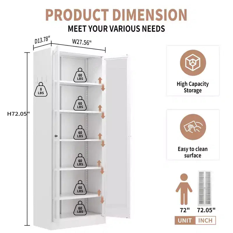 Armoire de cuisine métallique robuste de 183 cm - 5 étagères réglables et portes vitrées, 36 kg/étagère, blanche