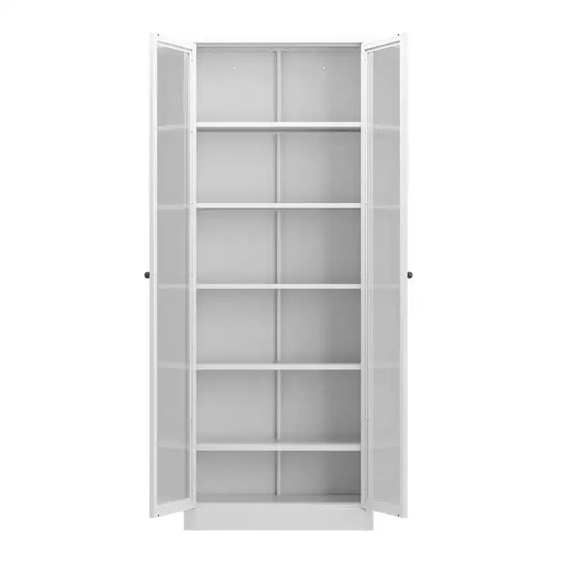 Armoire de cuisine métallique robuste de 183 cm - 5 étagères réglables et portes vitrées, 36 kg/étagère, blanche
