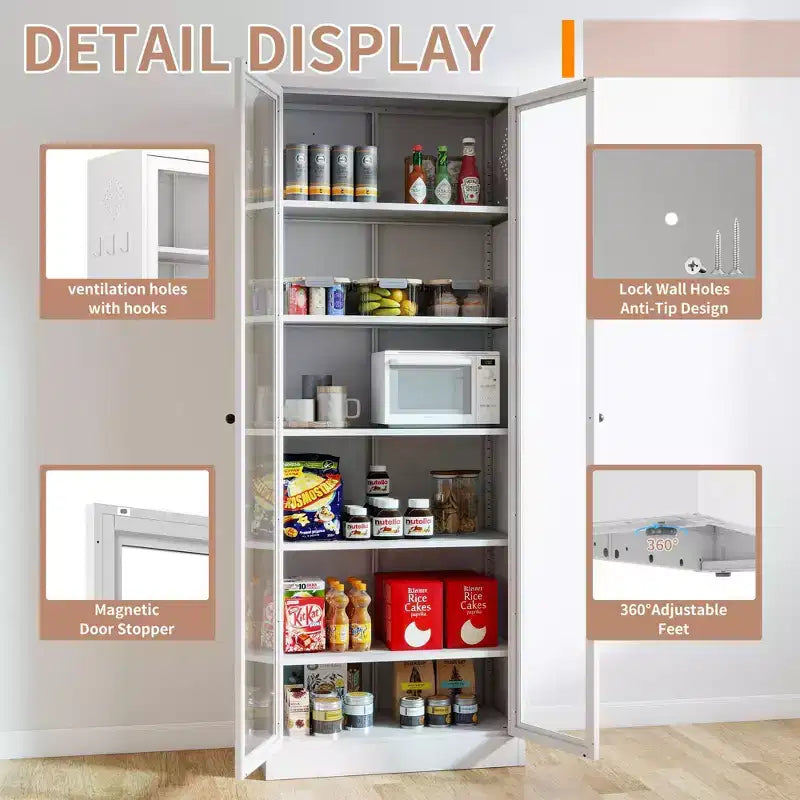 Armoire de cuisine métallique robuste de 183 cm - 5 étagères réglables et portes vitrées, 36 kg/étagère, blanche