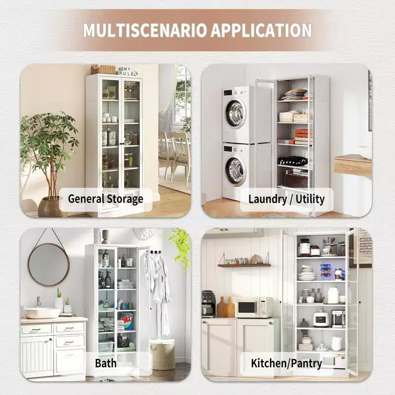 Armoire de cuisine métallique robuste de 183 cm - 5 étagères réglables et portes vitrées, 36 kg/étagère, blanche