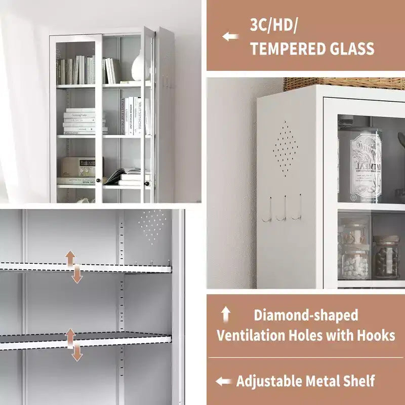 Armoire de cuisine métallique robuste de 183 cm - 5 étagères réglables et portes vitrées, 36 kg/étagère, blanche