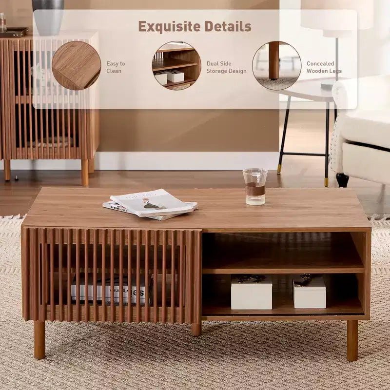 Table basse moderne avec rangement - Portes coulissantes cannelées de 44 po et étagères latérales doubles
