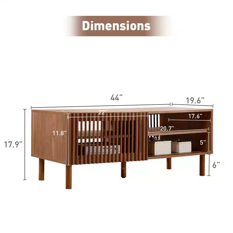 Table basse moderne avec rangement - Portes coulissantes cannelées de 44 po et étagères latérales doubles