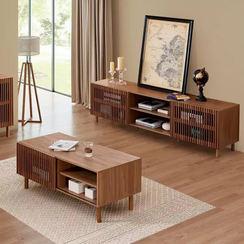 Table basse moderne avec rangement - Portes coulissantes cannelées de 44 po et étagères latérales doubles