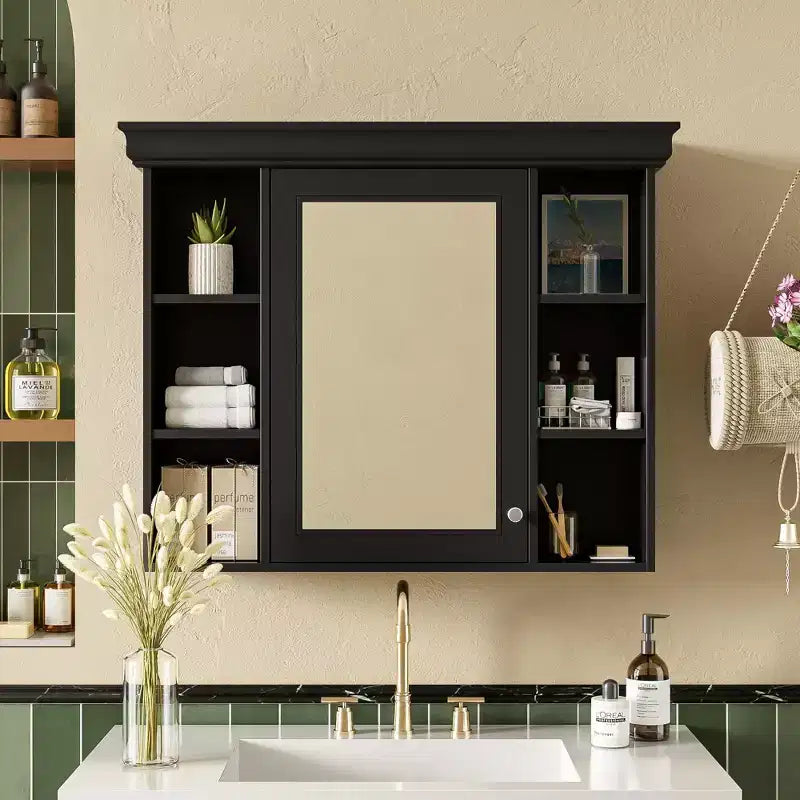 Armoire à pharmacie murale 35x28 avec porte-miroir et 6 étagères ouvertes