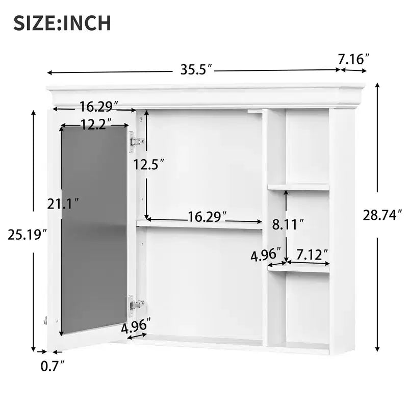 Armoire à pharmacie murale 35x28 avec porte-miroir et 6 étagères ouvertes