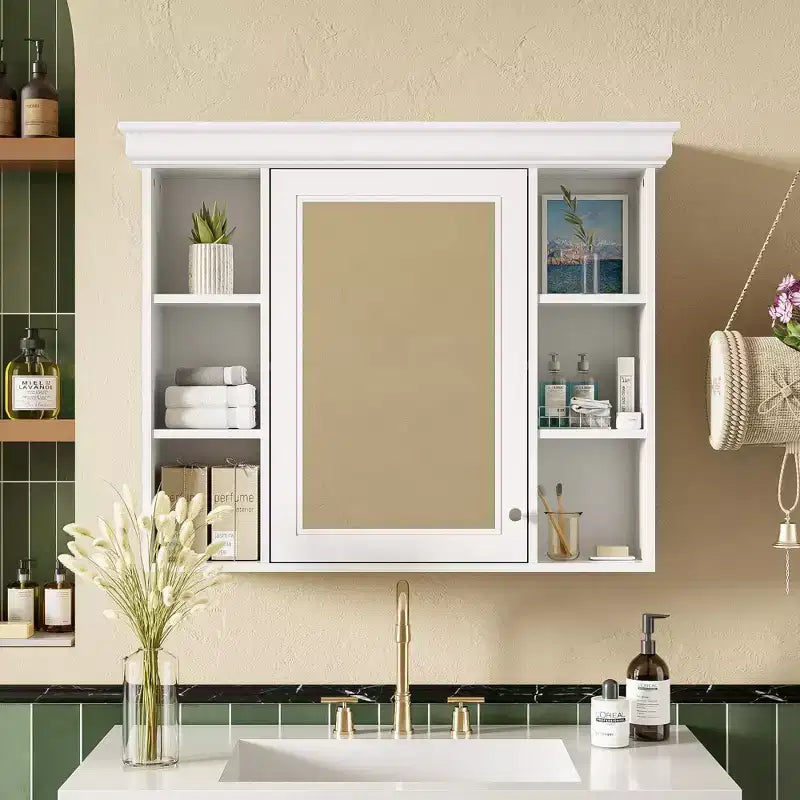 Armoire à pharmacie murale 35x28 avec porte-miroir et 6 étagères ouvertes
