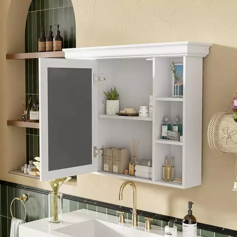 Armoire à pharmacie murale 35x28 avec porte-miroir et 6 étagères ouvertes