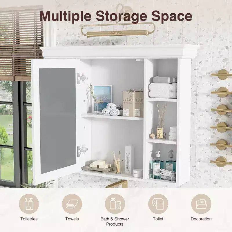 Armoire à pharmacie murale 35x28 avec porte-miroir et 6 étagères ouvertes