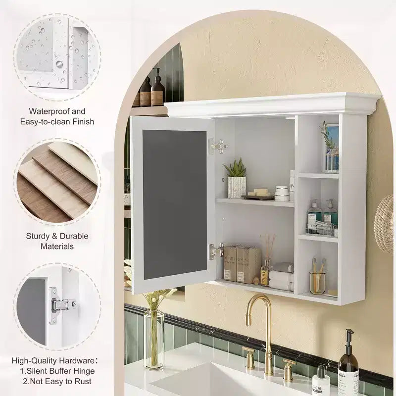 Armoire à pharmacie murale 35x28 avec porte-miroir et 6 étagères ouvertes