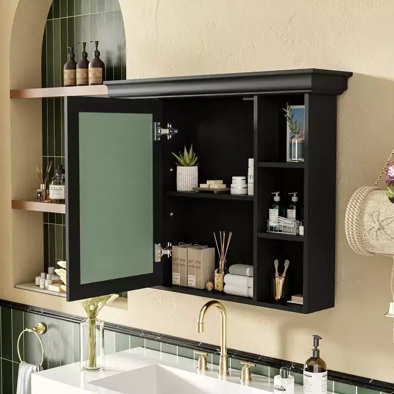 Armoire à pharmacie murale 35x28 avec porte-miroir et 6 étagères ouvertes
