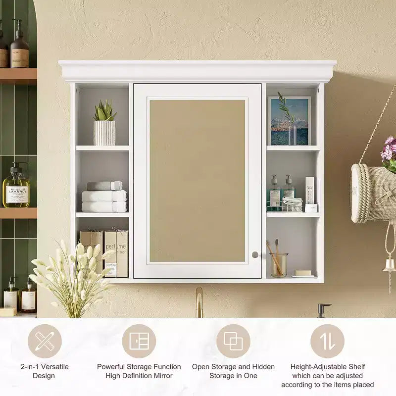 Armoire à pharmacie murale 35x28 avec porte-miroir et 6 étagères ouvertes