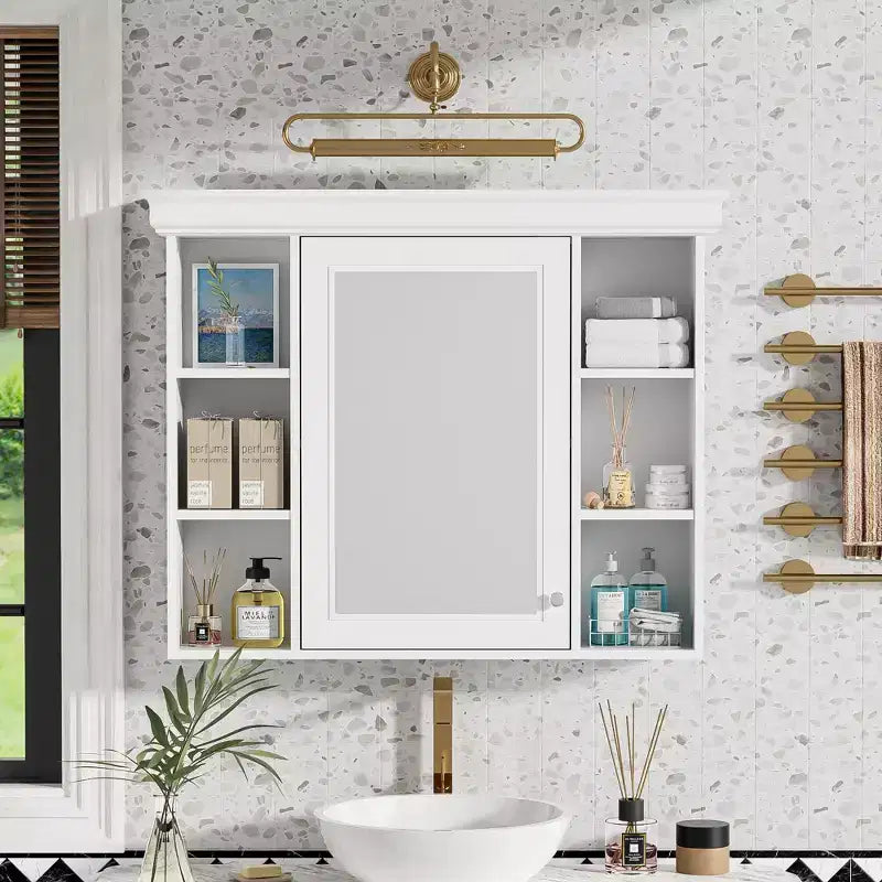 Armoire à pharmacie murale 35x28 avec porte-miroir et 6 étagères ouvertes