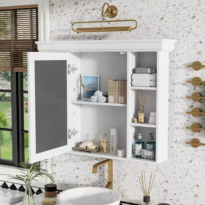 Armoire à pharmacie murale 35x28 avec porte-miroir et 6 étagères ouvertes