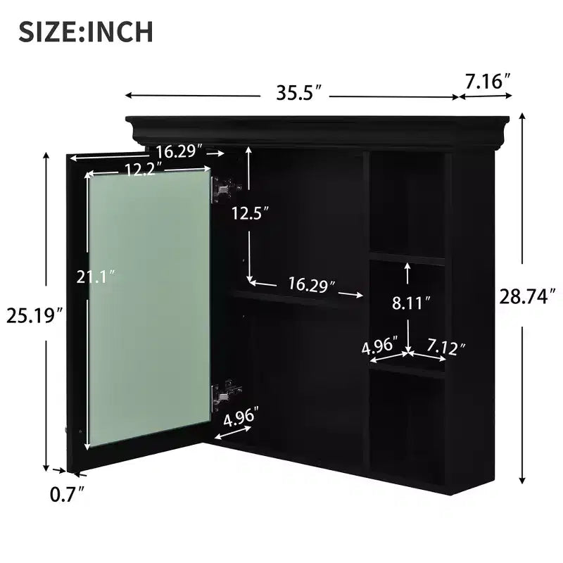 Armoire à pharmacie murale 35x28 avec porte-miroir et 6 étagères ouvertes