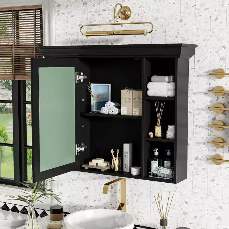 Armoire à pharmacie murale 35x28 avec porte-miroir et 6 étagères ouvertes