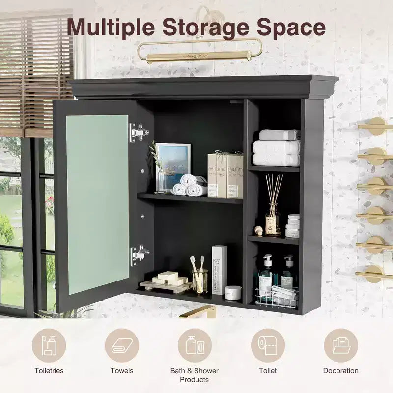 Armoire à pharmacie murale 35x28 avec porte-miroir et 6 étagères ouvertes