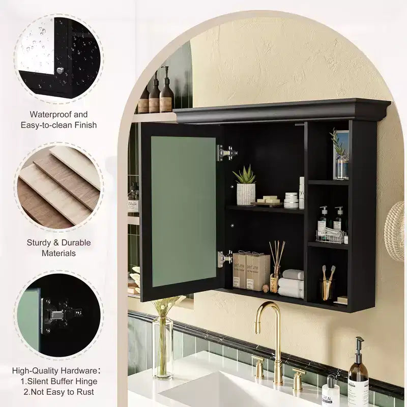 Armoire à pharmacie murale 35x28 avec porte-miroir et 6 étagères ouvertes