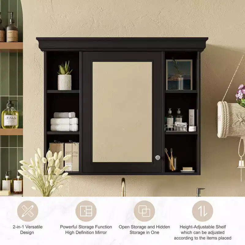 Armoire à pharmacie murale 35x28 avec porte-miroir et 6 étagères ouvertes