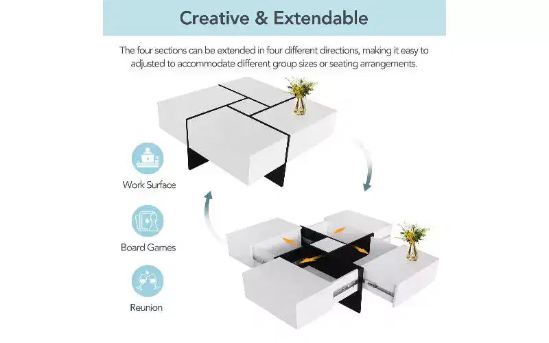 Table basse extensible avec plateau de puzzle et 4 compartiments de rangement cachés