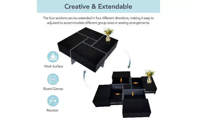 Table basse extensible avec plateau de puzzle et 4 compartiments de rangement cachés