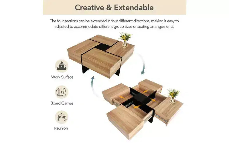 Table basse extensible avec plateau de puzzle et 4 compartiments de rangement cachés