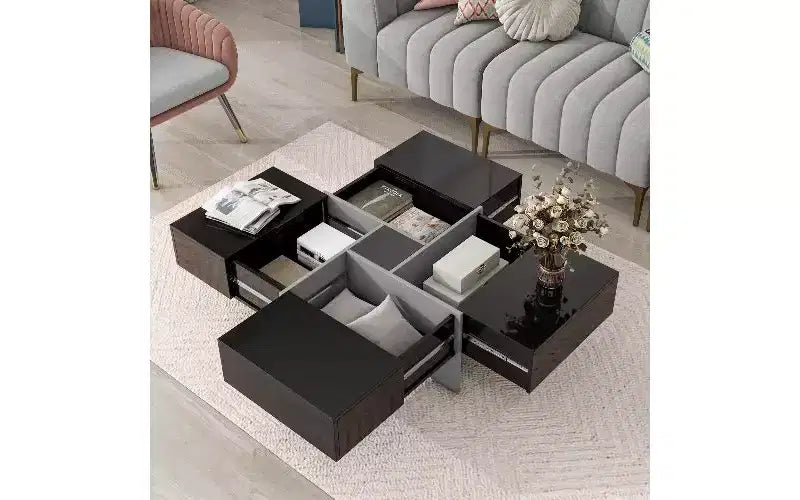 Table basse extensible avec plateau de puzzle et 4 compartiments de rangement cachés