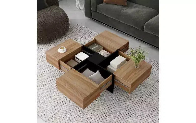 Table basse extensible avec plateau de puzzle et 4 compartiments de rangement cachés