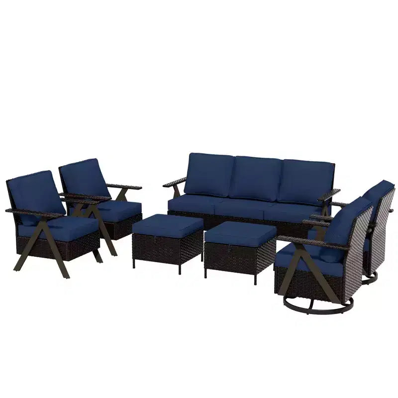 Ensemble de sept meubles d'extérieur UPTIOT : canapé 3 places, 2 fauteuils à bascule pivotants, 2 fauteuils individuels et 2 poufs pour un confort optimal sur votre terrasse
