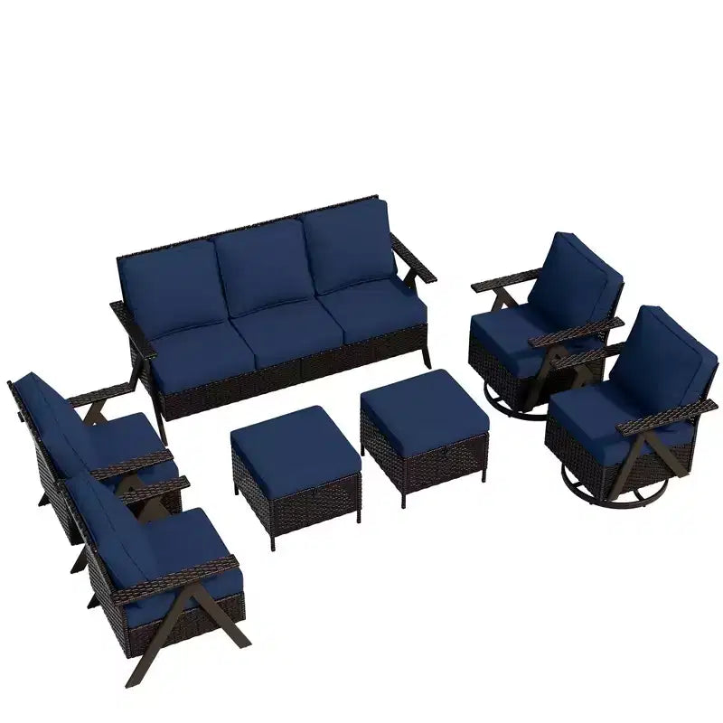Ensemble de sept meubles d'extérieur UPTIOT : canapé 3 places, 2 fauteuils à bascule pivotants, 2 fauteuils individuels et 2 poufs pour un confort optimal sur votre terrasse