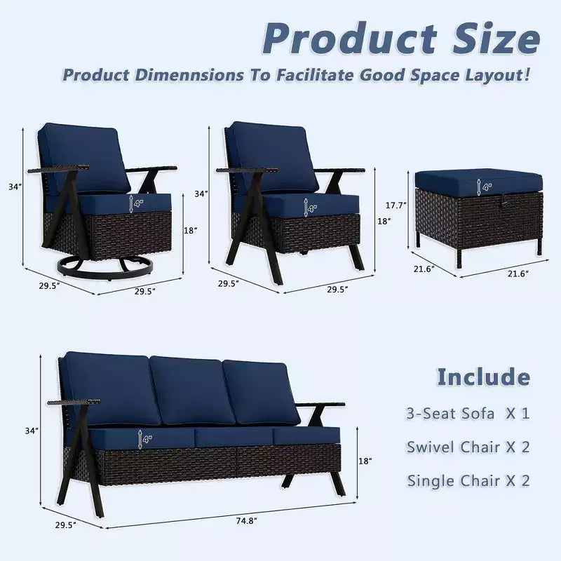 Ensemble de sept meubles d'extérieur UPTIOT : canapé 3 places, 2 fauteuils à bascule pivotants, 2 fauteuils individuels et 2 poufs pour un confort optimal sur votre terrasse