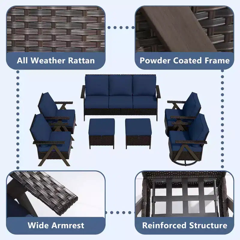 Ensemble de sept meubles d'extérieur UPTIOT : canapé 3 places, 2 fauteuils à bascule pivotants, 2 fauteuils individuels et 2 poufs pour un confort optimal sur votre terrasse