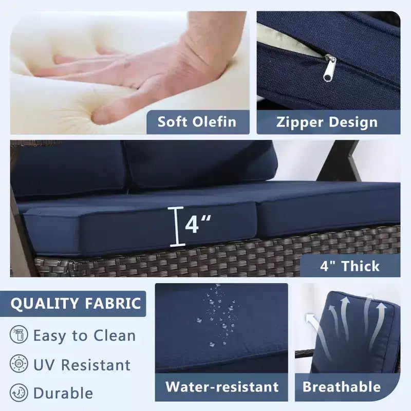 Ensemble de sept meubles d'extérieur UPTIOT : canapé 3 places, 2 fauteuils à bascule pivotants, 2 fauteuils individuels et 2 poufs pour un confort optimal sur votre terrasse