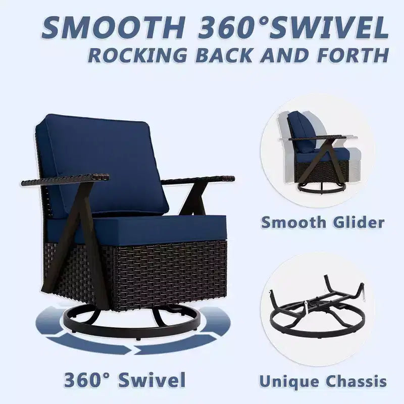 Ensemble de sept meubles d'extérieur UPTIOT : canapé 3 places, 2 fauteuils à bascule pivotants, 2 fauteuils individuels et 2 poufs pour un confort optimal sur votre terrasse