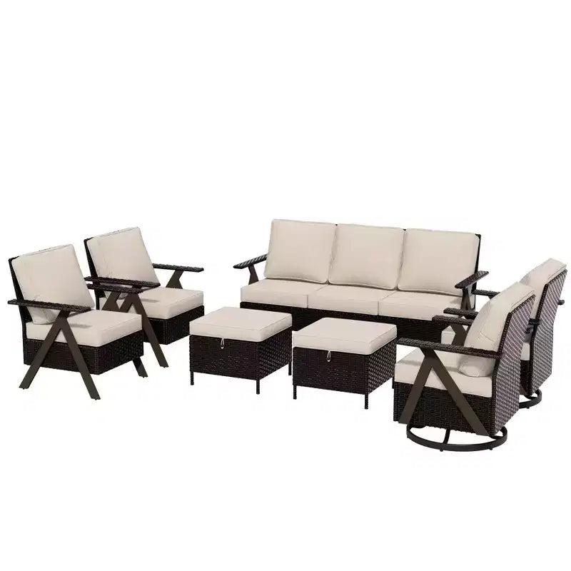 Ensemble de sept meubles d'extérieur UPTIOT : canapé 3 places, 2 fauteuils à bascule pivotants, 2 fauteuils individuels et 2 poufs pour un confort optimal sur votre terrasse
