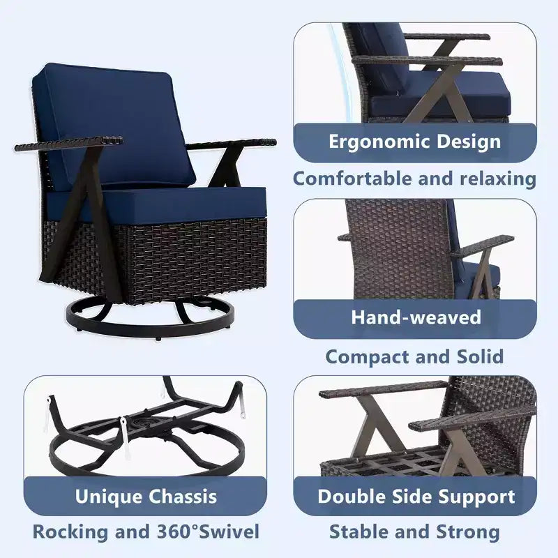 Ensemble de sept meubles d'extérieur UPTIOT : canapé 3 places, 2 fauteuils à bascule pivotants, 2 fauteuils individuels et 2 poufs pour un confort optimal sur votre terrasse