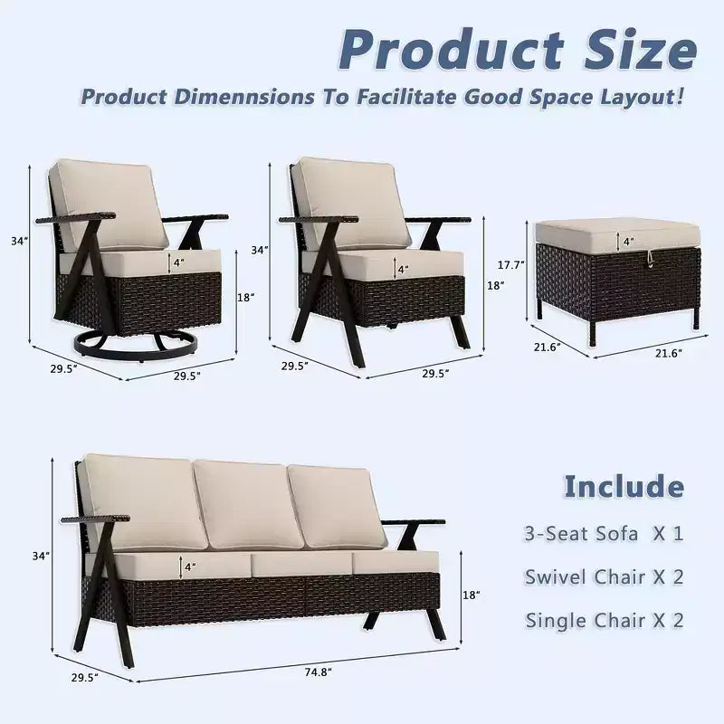 Ensemble de sept meubles d'extérieur UPTIOT : canapé 3 places, 2 fauteuils à bascule pivotants, 2 fauteuils individuels et 2 poufs pour un confort optimal sur votre terrasse
