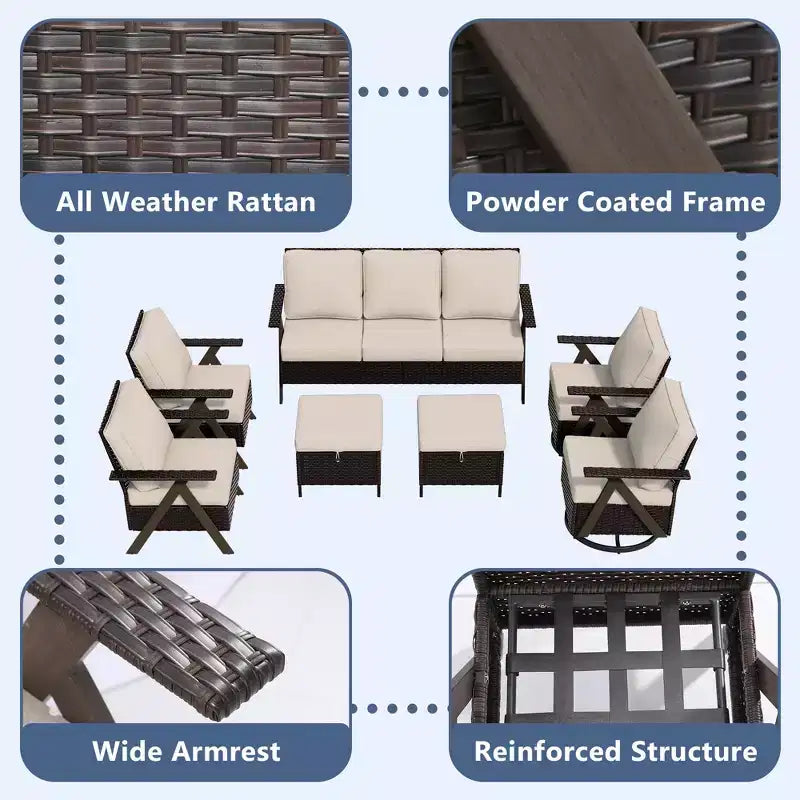 Ensemble de sept meubles d'extérieur UPTIOT : canapé 3 places, 2 fauteuils à bascule pivotants, 2 fauteuils individuels et 2 poufs pour un confort optimal sur votre terrasse
