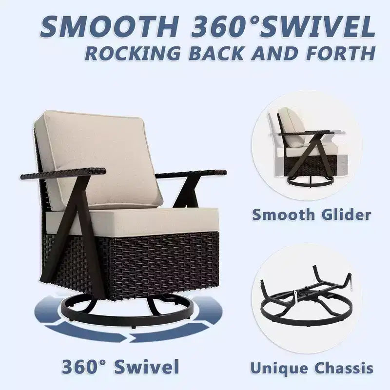 Ensemble de sept meubles d'extérieur UPTIOT : canapé 3 places, 2 fauteuils à bascule pivotants, 2 fauteuils individuels et 2 poufs pour un confort optimal sur votre terrasse