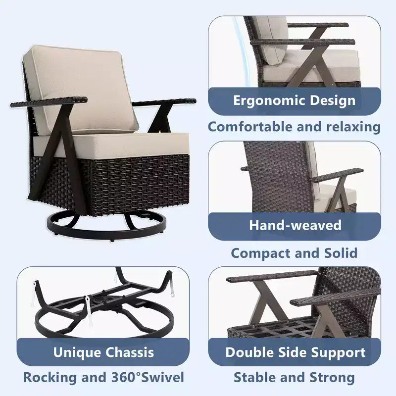 Ensemble de sept meubles d'extérieur UPTIOT : canapé 3 places, 2 fauteuils à bascule pivotants, 2 fauteuils individuels et 2 poufs pour un confort optimal sur votre terrasse