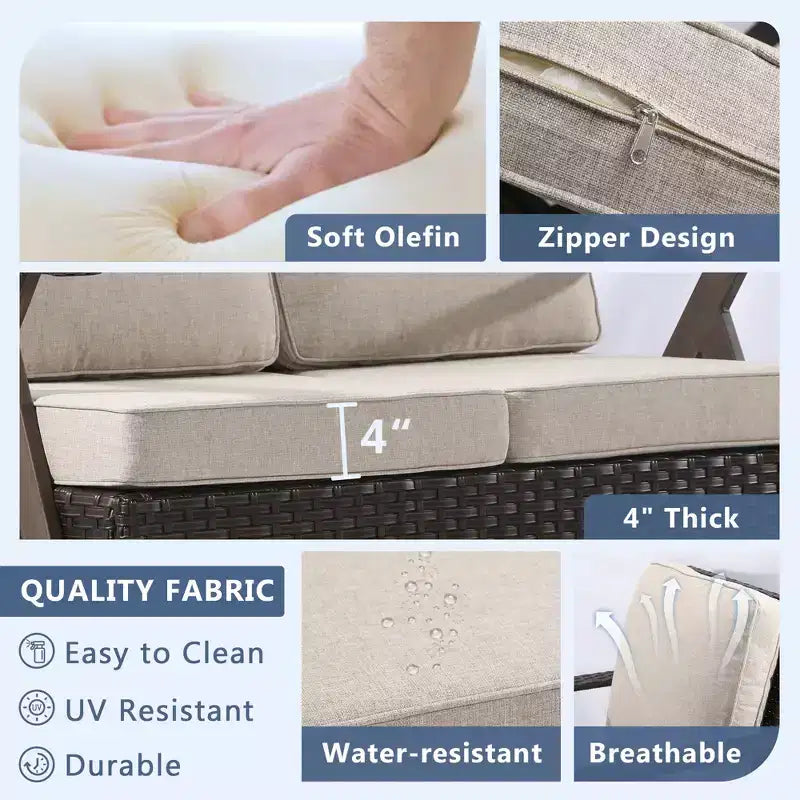 Ensemble de sept meubles d'extérieur UPTIOT : canapé 3 places, 2 fauteuils à bascule pivotants, 2 fauteuils individuels et 2 poufs pour un confort optimal sur votre terrasse