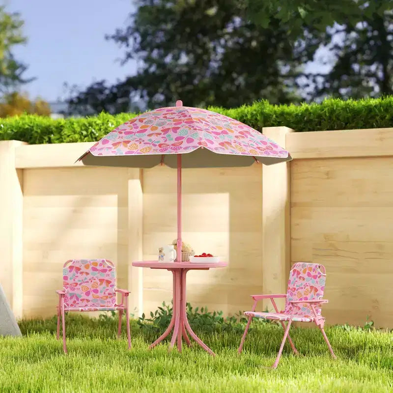Table de pique-nique Qaba pour enfants, table d'extérieur avec chaises pliables, parasol amovible, mobilier d'extérieur pour enfants thème papillon, rose