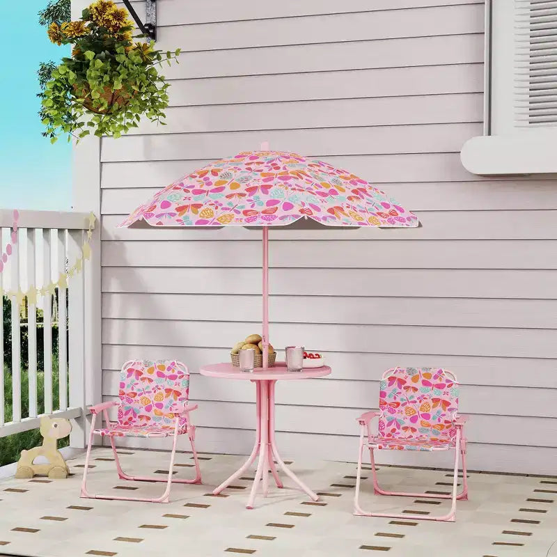 Table de pique-nique Qaba pour enfants, table d'extérieur avec chaises pliables, parasol amovible, mobilier d'extérieur pour enfants thème papillon, rose