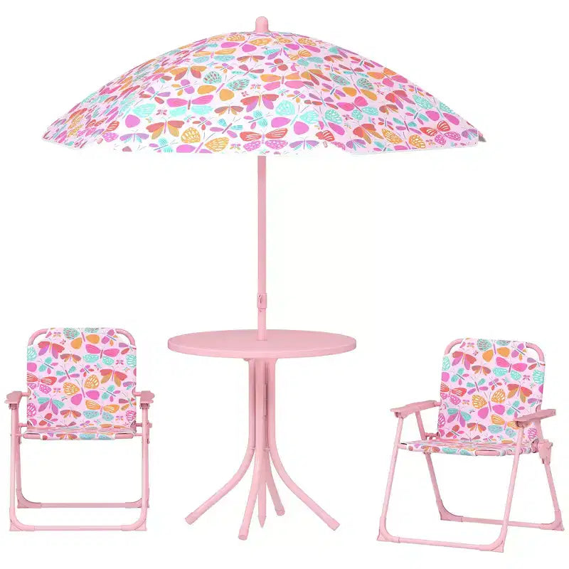 Table de pique-nique Qaba pour enfants, table d'extérieur avec chaises pliables, parasol amovible, mobilier d'extérieur pour enfants thème papillon, rose