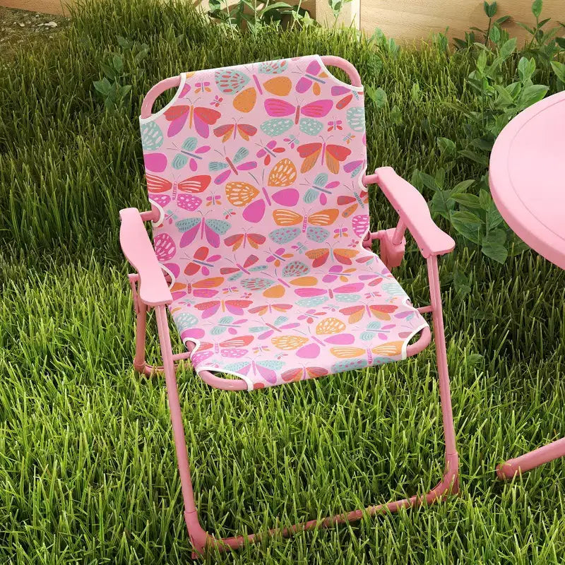 Table de pique-nique Qaba pour enfants, table d'extérieur avec chaises pliables, parasol amovible, mobilier d'extérieur pour enfants thème papillon, rose